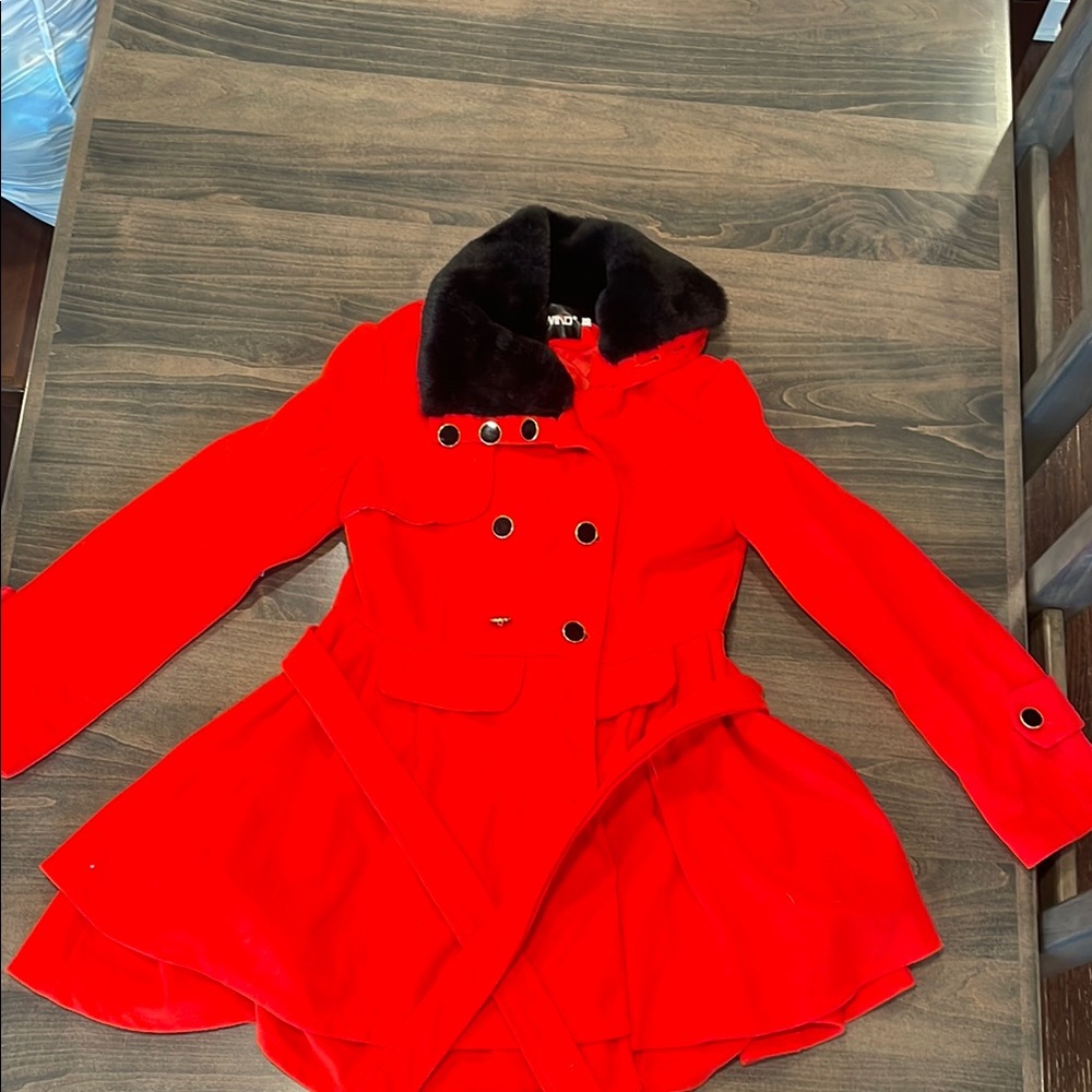 YMI Red and Black Trench Coat with Faux Fur Collar